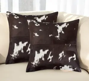 360 stand Genuine Hide Chocolate & White 18x18 in. Throw Pillows - Set of 2, Handmade Finish, Removable Cover, Transitional Living Room Decor, Indoor Use