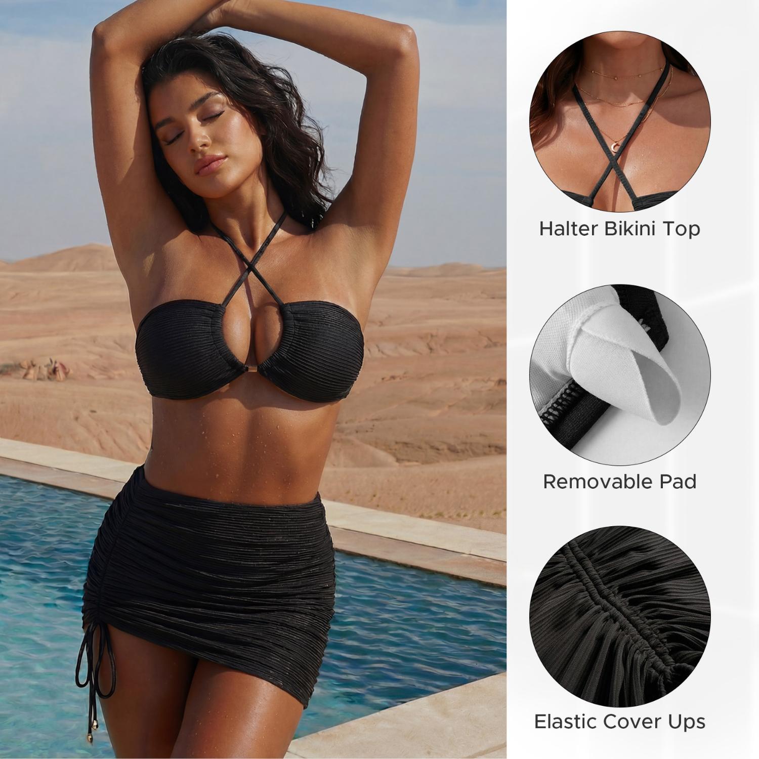 Women's 3 Pieces Bikini Set Backless Halter Neck Top With Drawstring Swimsuit Set with Beach Skirt