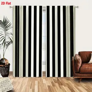 2D Flat 2-Pack Vertical Striped, Black White Light Gray Beige High Contrast Repeating Pattern with Textured Edges, Decorative Room Darkening Window Drapes, Home Decoration Curtain for Living Room Bedroom