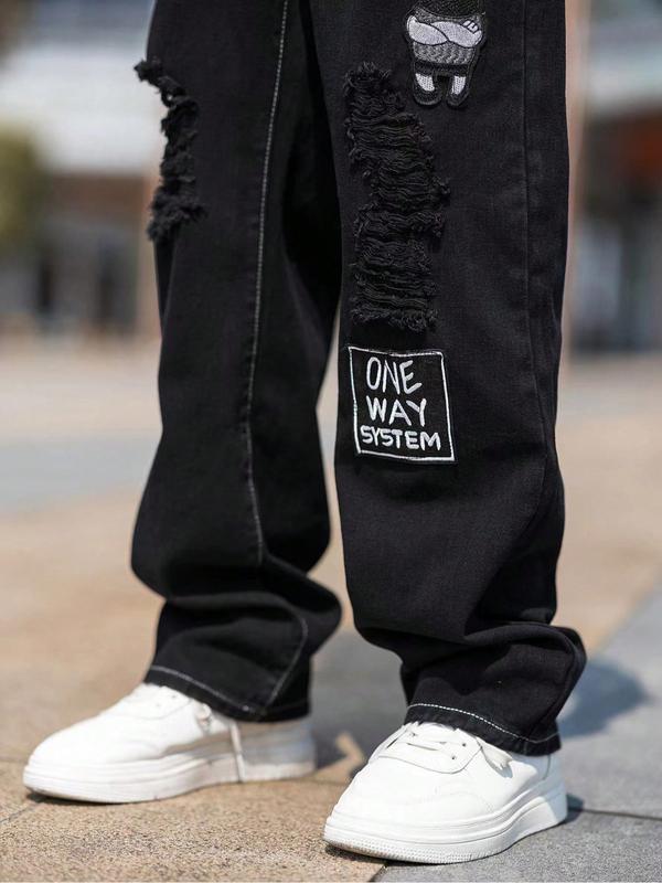 Men's Black Ripped Patched Wide-Leg Denim Jeans, Personalized Patches + Trendy Rips, a Must-Have for Street Trendsetters!
