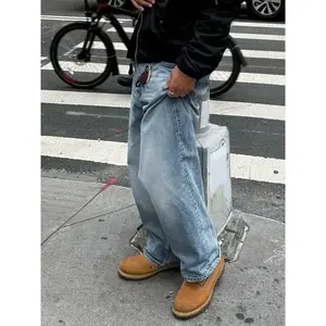 Men's New Loose Washed Blue Denim Jeans for Casual Wear, Simple Design for All Seasons Comfortable Fit Durable Fabric