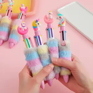 2026 New Girl Cartoon Unicorn Plush Ballpoint Pen, Cute Six-Color Push Button Stationery, Kids' Diary Pen, Fun Writing Tool
