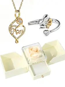 Women's Rose Gift Box, Mother's Necklace and Daughter's Ring Set, Heart Birthstone, Adjustable Ring, Mother's Day Gift, Fashion Jewelry