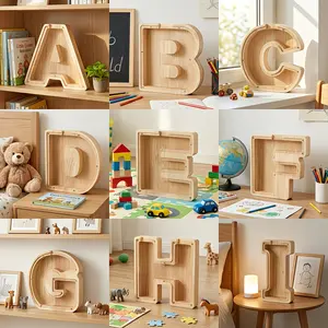 Personalized Wooden Piggy Bank with 26 Alphabet Letters A-Z, Large-Capacity Transparent Acrylic Savings Box, Educational Toy for Kids, Back to School, Halloween, Christmas, Birthday Gift