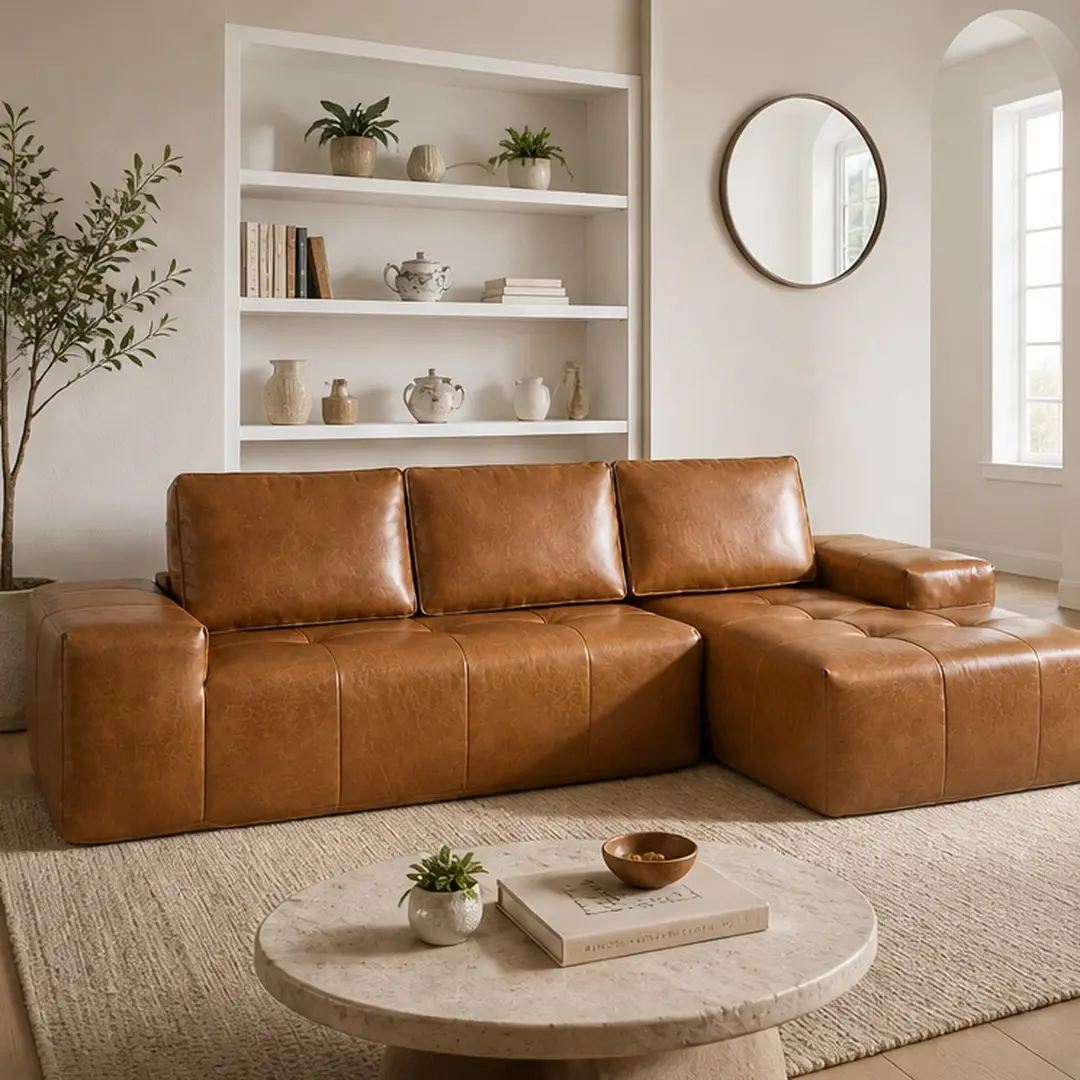 ARCH Boneless Couch - Brown Faux Leather L-Shaped Modular 3-Seater Sectional Couch with Chaise, Deep Seat, Memory Foam Pillow Back, No Assembly Required, Comfy Modern Small Space Indoor Furniture, Boneless Couches