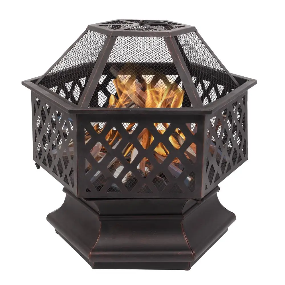 22-Inch Hexagonal Iron Brazier, Decorative Wood-Burning Fire Pit with Spark Screen, for Patio Backyard Campfire Use