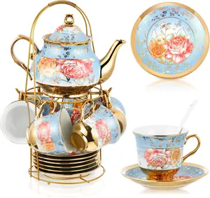20 Pcs Porcelain Tea Set with Metal Holder and Spoon Adult Ceramic Tea Party Set European Flower Painting Teapot Cup Saucer Spoon Set for Women, Large Version Coffee