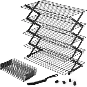5 Tier Upgraded Collapsible Cooling Rack with Adjustable 3 Setting Design, Stackable Baking Rack with Clean Brush, Roasting Cooking Drying Wire Cooling Rack for Cookies Baking & Grilling