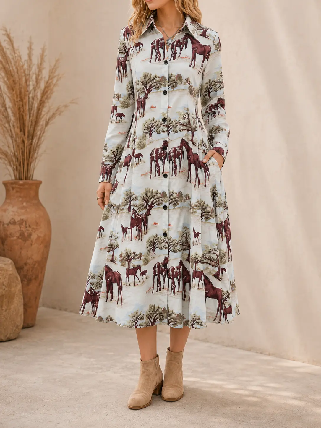 Western Horse Print Midi Shirt Dress for Women, Cowgirl Style with Collared Long Sleeves and Pockets, Fringe, Comfortable, Everyday, Longsleeves, Statement