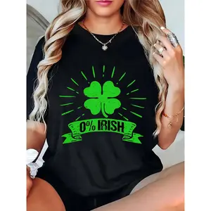 Women's St. Patrick's Day T - Shirt 0% Irish Green Four - Leaf Clover Graphic Casual Short Sleeve Tee 100% Cotton T-shirt