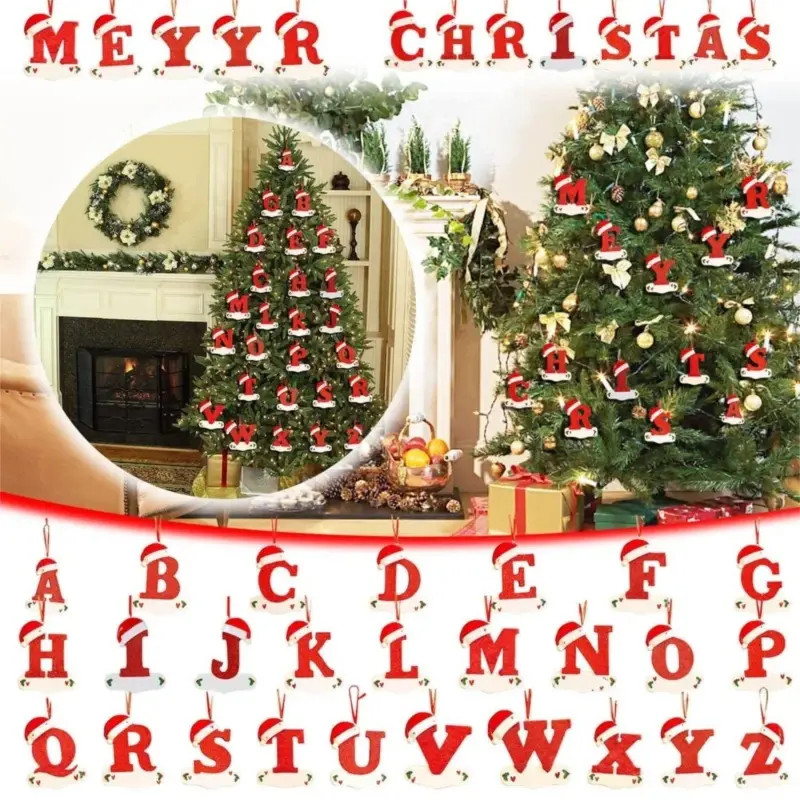 10pc New Christmas Acrylic Letter Hanging Decorations, 2D Merry Christmas Hat Letters, Party Home Decoration, Includes Rope