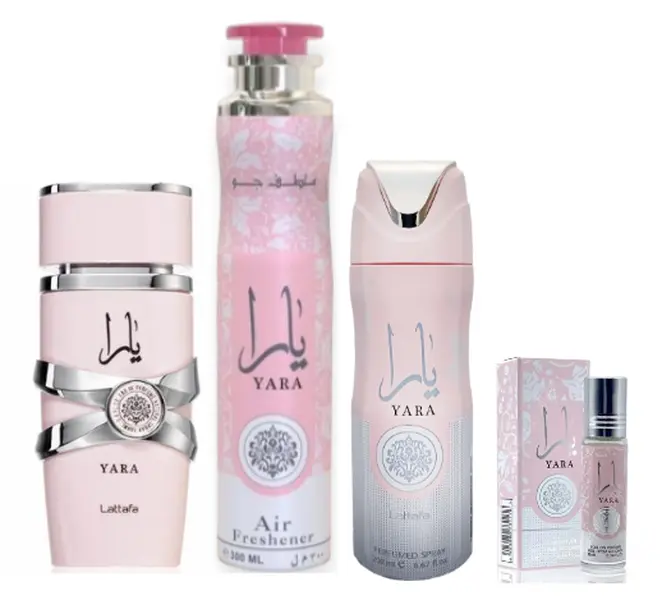 Yara Perfume (3.40z) + yara Deodorant (6.67oz) + yara Air Freshener (10.0 oz) + yara rollon 10ml(0.34oz) from lattafa Perfumes, Light, Flower