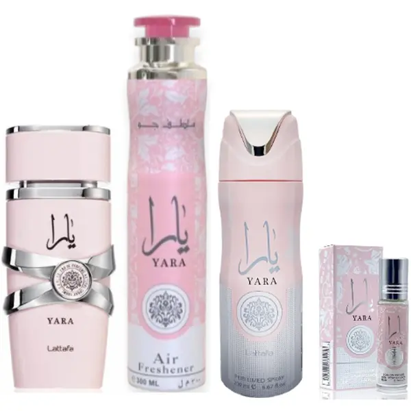 Yara Perfume (3.40z) + yara Deodorant (6.67oz) + yara Air Freshener (10.0 oz) + yara rollon 10ml(0.34oz) from lattafa Perfumes, Light, Flower