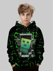 Minecraft Pixel Character Lightning Theme Kids Hoodie, Tech Style, Casual Long Sleeve Fitted Top, Fall & Winter
