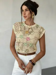 Heart Print Round Neck Sweater, Casual Sleeveless Knitwear for Spring & Fall, Comfortable Warm Women's Clothing, Hollow Design, Womenswear