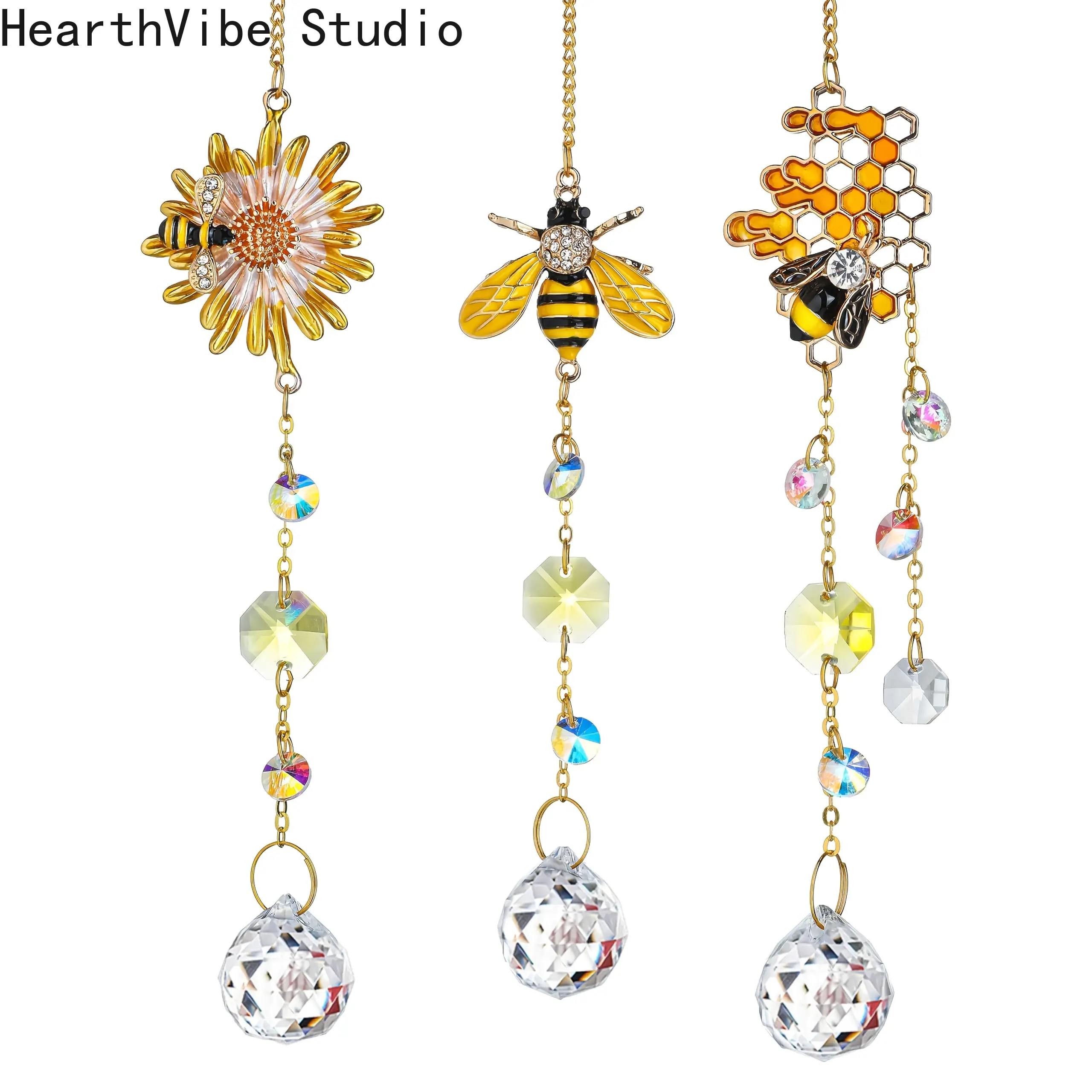 3-Piece Unisex Bee Theme Hexagon Geometric Crystal Suncatchers - Hangable Glass Prism with Sunlight Refraction, Garden Window Decoration, Camping & Hiking Setting Accent Gifts (Set of 3), Reflected Light, Set Pack