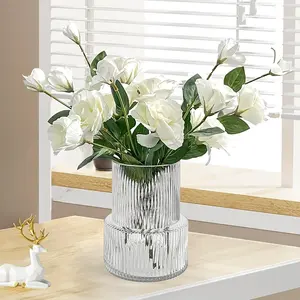 Large glass vase, transparent ribbed vase, fluted vase for modern home decoration, glass vase for table decoration, living room, dining table, shelf, entrance, office, wedding table flower decoration, Home Decorative Vase