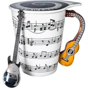Guitar Novelty Mug Unique Musical Gift Coffee Cup with Cool Music Themed Lid & Guitar Handle Design & Guitar Spoon, Great Gifts for Music Teacher, & Guitar Lovers for Holidays, Fathers Day, Men, Women