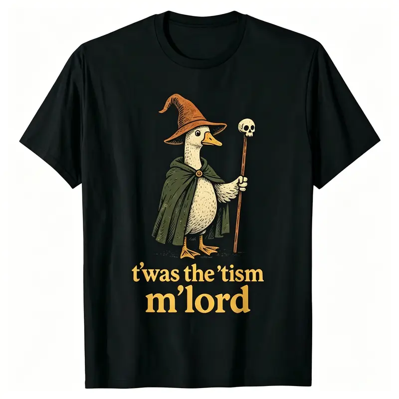 Unisex Vintage Wizard Duck Skull Staff Graphic T-Shirt - 180g Soft Pure Cotton, Breathable Loose Medieval Meme Top, Retro Magic Goose Quote Print, Black/White Streetwear, Unique Fantasy Lover Gift (S,2XL,3XL,4XL,5XL)