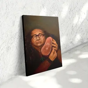 A single-frame canvas artwork depicting Danny Devito holding a ham, designed in a vibrant pop art style, perfect for decorating your living room, bedroom, kitchen, dining room, or office.This humorous canvas artwork comes with a frame.