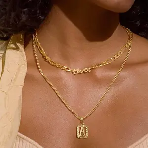 KISSYAN Gold Initial Necklace for Women, 14K Gold Plated Square Letter Pendant Charm Necklace Cuban Chain Capital Alphabets from A-Z Jewelry