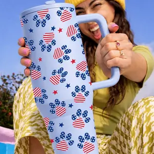 40oz Pink American Flag Paw Print Tumbler with Handle, 24H Cold Insulated Travel Mug, Car Cup Holder Friendly, Patriotic Dog Mom Gift for 4th of July & Summer