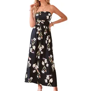 【Grace Karin】Grace Karin Boho Maxi Dress, Casual Vacation Style, Summer Beach & Everyday Outfit, S-2XL Inclusive Size, Plus Friendly 2XL, Strapless Floral Print Ruched Long Dress with Pockets