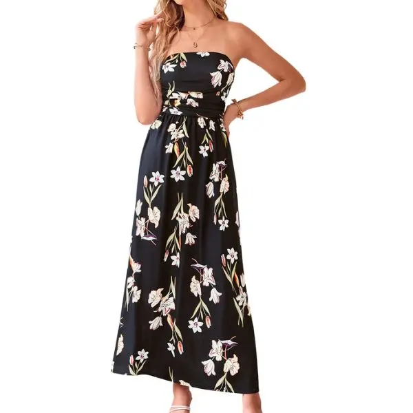 Grace Karin Women's Boho Strapless Ruched Chest A-Line Wrap Long Casual Dress - Floral Print Flowy Beach-Ready Summer Sundress with Pockets, Plus Size Women's Clothes, Casual Dresses, Dresses For Women