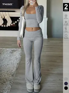 Women's 2-Piece Loungewear Set, Sexy Slim Fit, All-Season Comfort, Moderate Fabric, Ideal for Daily & Fitness, Plain Style