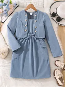 Girls' Button Decorated Bubble Long Sleeve Corduroy Top & Elastic Waist Dress Set, Casual Fall Winter, Comfortable Fashion