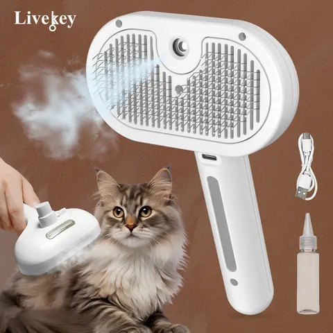 LIVEKEY 3-in-1 Deshedding Brush for Small Animals - 0.32lb Travel-Ready Grooming Supplies, 7.87x4.52in Compact Tool with Mist Spray, Dematting Comb, 1-Button Clean, Skin-Safe Steel & ABS, Ergonomic Handle, Fast Fur Drop-Off, Pet Hair Care