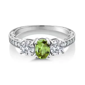 Gem Stone King 10K White Gold Green Peridot and Lab Grown Diamond Engagement Ring For Women | 2.02 Cttw | Oval 7X5MM | Gemstone August Birthstone