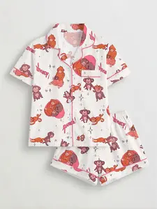 Monkey Punch,Women's Sleepwear Set, Short Sleeve Lapel Button Soft Top & Loose Elastic Shorts, Casual All-Season Home Wear, Fashionable Daily