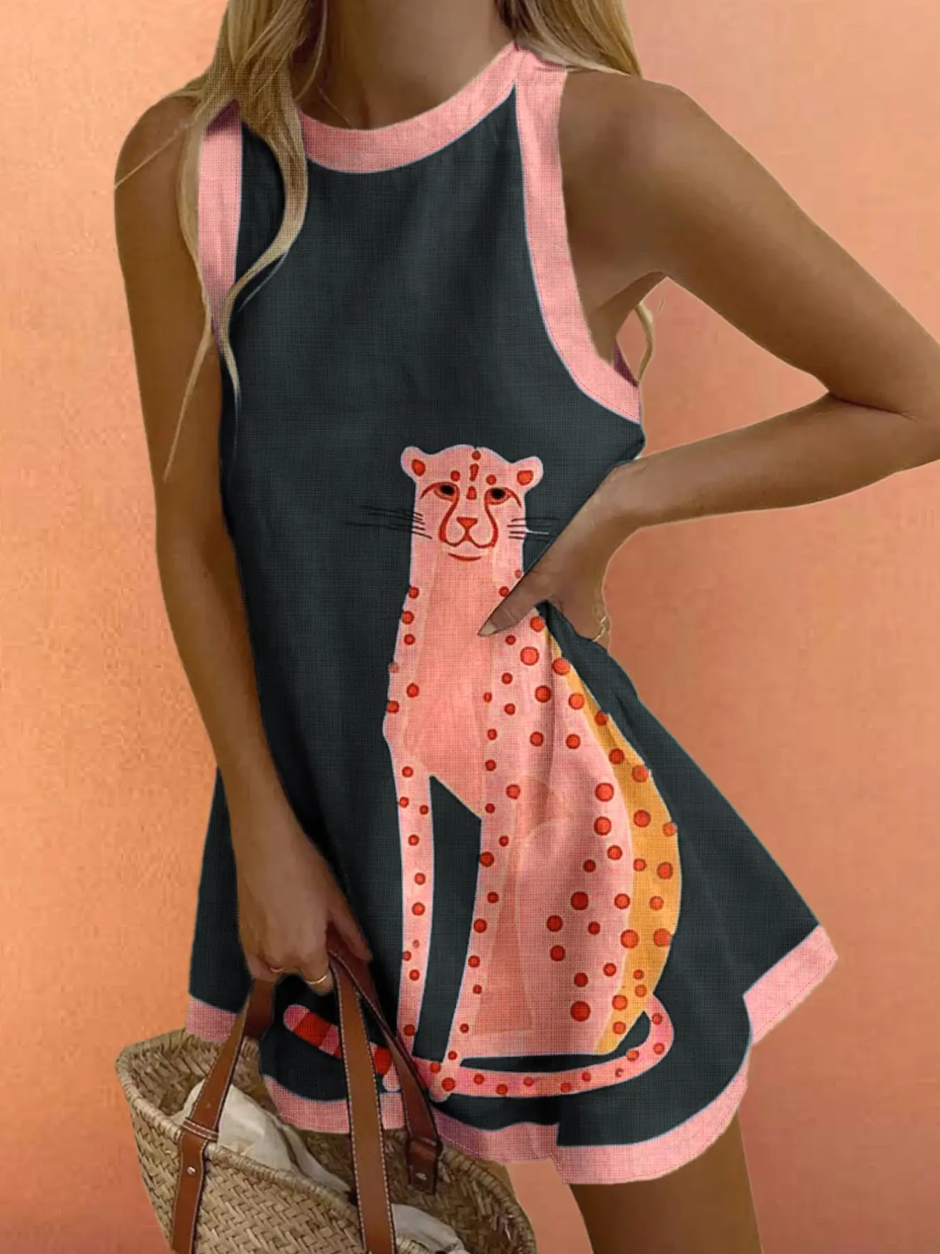 Women's Beach Vacation Summer Bohemian Beachy Style Sun Dress Casual Flowy Beach Loose Fit Blue Plaid Lemon Sardine Print Contrast Sleeveless Vest Dress, Fashionable and Comfortable Animal Womenswear, Beach Sundresses