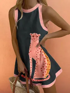 Women's Beach Vacation Summer Casual Loose Fit Blue Plaid Lemon Sardine Print Contrast Sleeveless Vest Dress, Fashionable and Comfortable Animal Womenswear