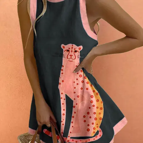 Women's Beach Vacation Summer Bohemian Beachy Style Sun Dress Casual Flowy Beach Loose Fit Blue Plaid Lemon Sardine Print Contrast Sleeveless Vest Dress, Fashionable and Comfortable Animal Womenswear, Beach Sundresses