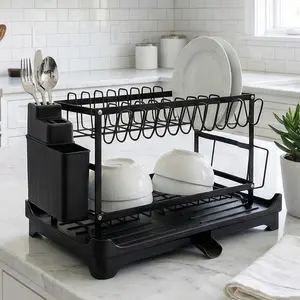 Black Stainless Steel space-saving multifunctional Dish Drying Rack Large 2 Tier With Drainer Plate Cup Holder Utensil Holder Space Saving Kitchen Counter Organizer For Mugs Dinner Plates holiday deal boot