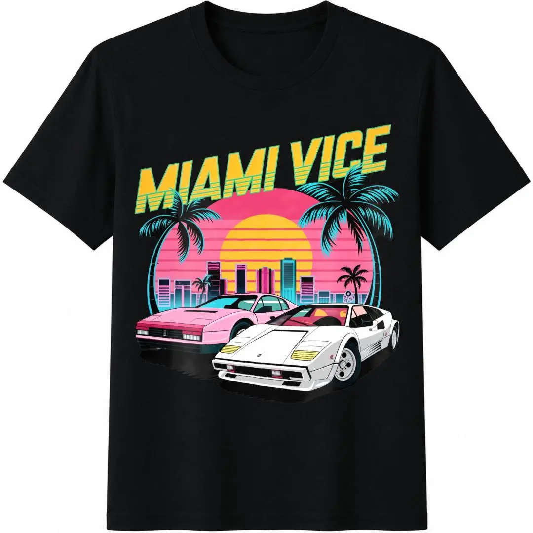 T Shirt Print ,Graphic-Cotton Tees Miami Vice Sunset Cars Palm Trees Cityscape Women's Fashionable Print Casual T-Shirt Suitable For All Seasons   -Black,Y2K,Oversized Shirt