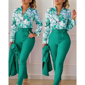 elegant print shirt and pants two piece sets women 2023 spring autumn fashion long sleeve shirts high waist pant casual suits