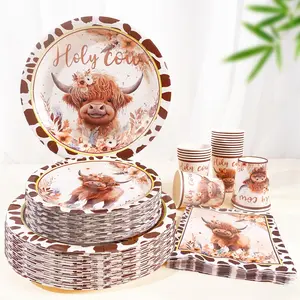 80PCS Highland Cow Birthday Party Set|Cute Farm Animal/Disposable Dinnerware Festival Party Tableware Disposable Plates Paper Plates Disposable Cups|20 Guests Countryside/Rural Gathering Supplies|Holiday Event/Celebration Decorations