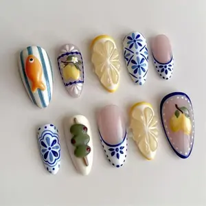 24Pcs Summer Press on Nails Medium Almond Fake Nails 3D Cute Fish Lemon False Nails Reusable Bohemia Designs French Tip Acrylic Nail Summer Fruit Full Cover Stick on Nails for Women Nail Supplies