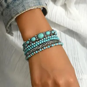 Bohemian Turquoise Stackable Bracelet Set | 5-Piece with Hollow Silver Accents - Dainty, Perfect for Vacation & Beach Style