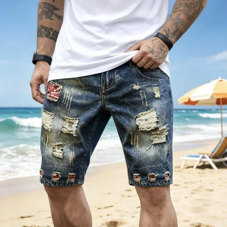 Summer men’s plus-size non-stretch mid-thigh denim shorts — retro trendy distressed look with color blocking and patch details; ultra-large straight cut; ideal for beach vacations/travel and casual wear; bright color patches; commuter-friendly, height-enh