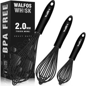 Silicone Whisk, Stainless Steel Wire Whisk Set of 3 -Heat Resistant Kitchen Whisks for Non-stick Cookware, Balloon Egg Beater Perfect for Blending, Whisking, Beating, Frothing & Stirring, Black