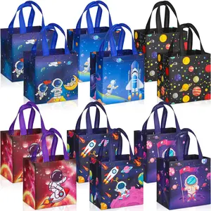 18 Pcs 6 Style Space Goodie Bags, Space Party Favors Large Non-woven Gift Bags with Handles, Astronaut Planet Rocket Candy Tote for Baby Shower, Galaxy Theme Birthday Party Supplies