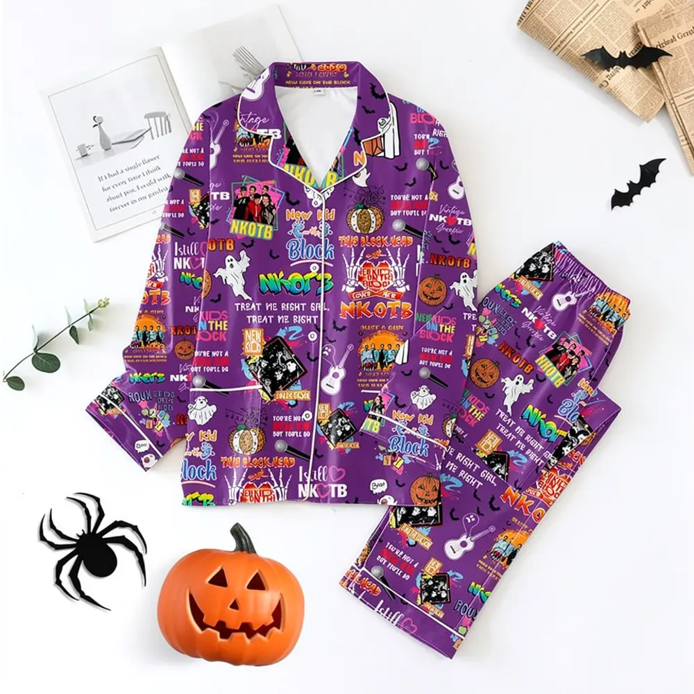 NKOTB Halloween Pajama Set, Treat Me Right Satin Sleepwear, Retro Band Fan Lounge Wear, Cozy Nightwear Gift for Music Lovers