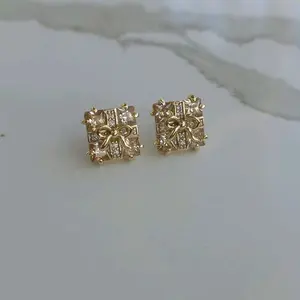 Gift Box Earrings with Bow and Cubic Zirconia Accents -14k Gold Plated