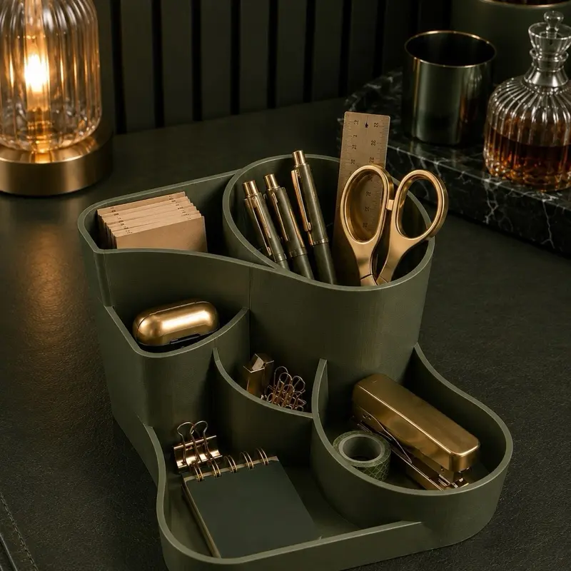 Quovari Army Green Large Multi-Compartment Desk Organizer with 5 Varying-Height Sections for Scissors, Pencils, Markers, Highlighters, Small Clips