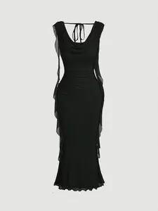 Red Plunging Neckline Midi Dress, Sash Waist Mesh Panel Elegant Summer Party Dress