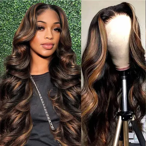 Highlight Brown Body Wave Human Hair 1B/30 Brown Highlight Wig Body Wave Colored Wigs Ombre Lace Front Human Hair HD Transparent Lace Front Human Hair Pre Plucked for Women